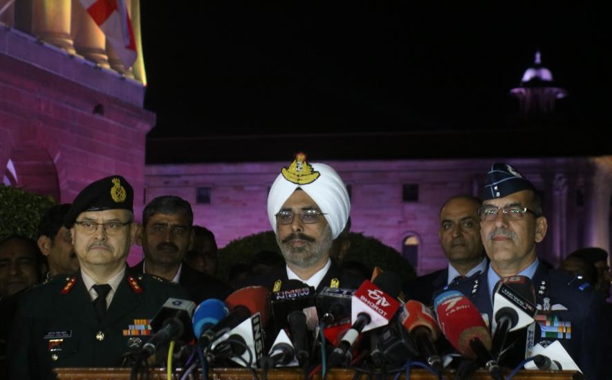 Major General S.S. Mahal, Rear Admiral D.S. Gujral and Air Vice Marshal RGK Kapoor during a press conference in New Delhi on Feb 28, 2019.