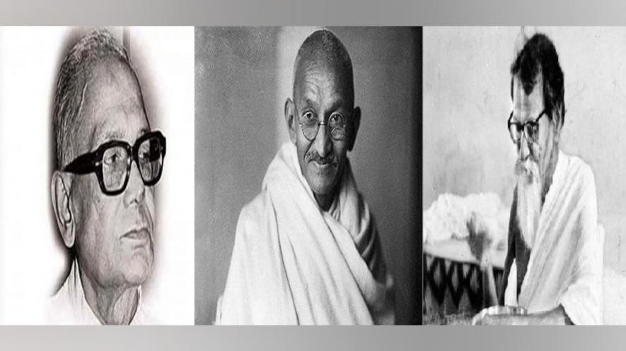 तस्वीर में जयप्रकाश नारायण (बाएं), महात्मा गांधी (मध्य में), विनोबा भावे (दाएं)। इन तीनों नेताओं ने हमेशा कश्मीर में प्यार और सद्भाव के साथ हस्तक्षेप की वकालत की।